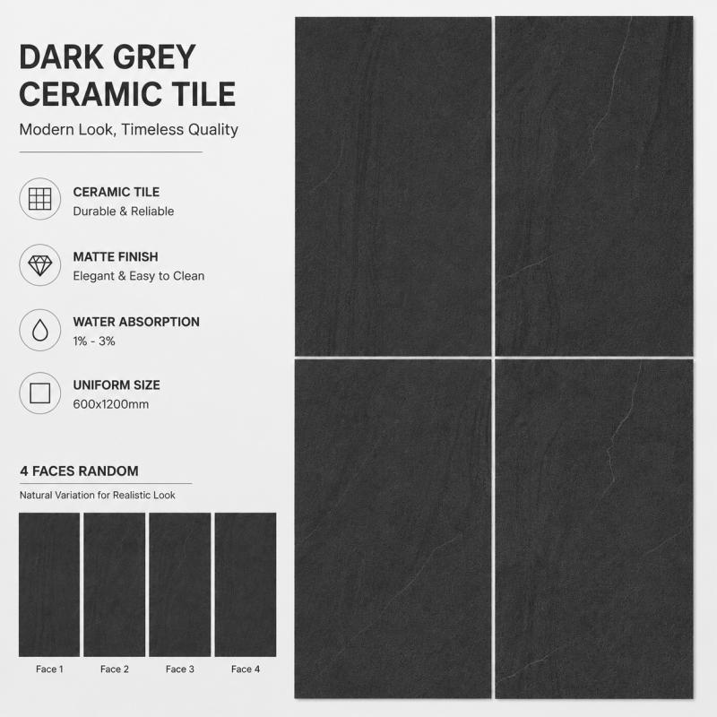 600x1200 Dark Grey Matte Ceramic Tile
